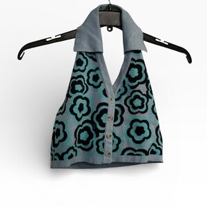 Cotton On Floral Crop Top - Blue and Black, Size Medium